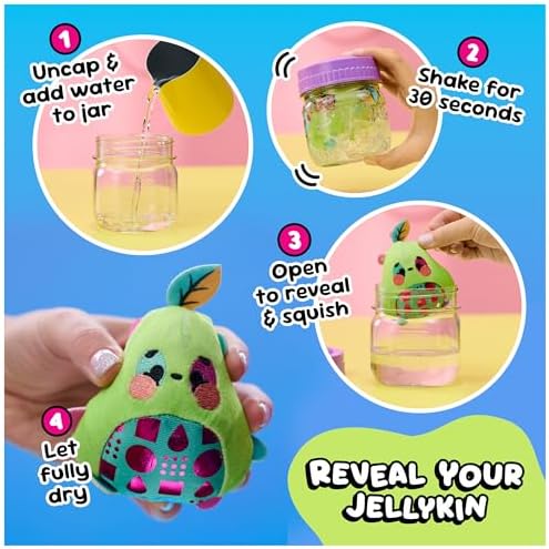 The four-step reveal instructions: fill the jar with water, shake, open, dry