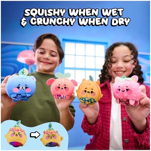 Two kids holding four revealed toys, squishy when wet and crunchy when dry